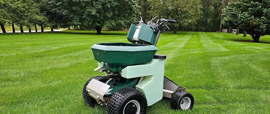 Lawn fertilization equipment after fertilizer treatments applied in Fogelsville, Pennsylvania.